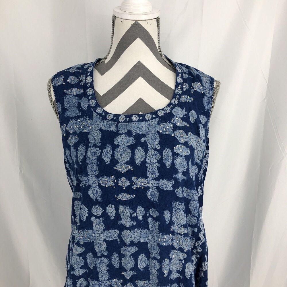 Frida Gupta Blue Floral Sequin Sleeveless High Side Slit Dress Large